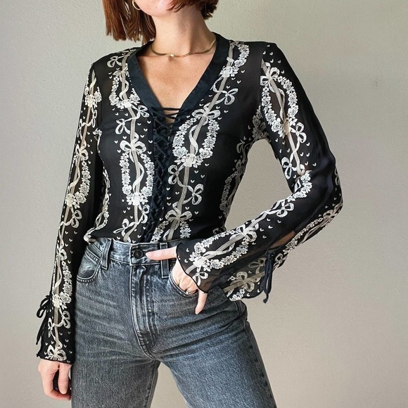 Vintage Y2K Black Flare Split Sleeve Lace Up Printed Long Sleeve Top - Picture 1 of 5